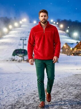 Grizzly Sherpa Fleece Pullover Red M Cozy 1/4 Zip Plush Jacket